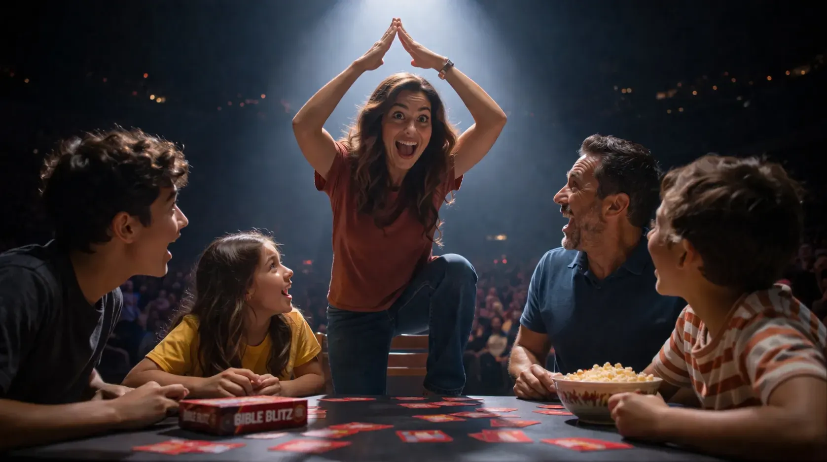 Family playing Bible Blitz at a table — arms up, cards on the floor, genuine joy